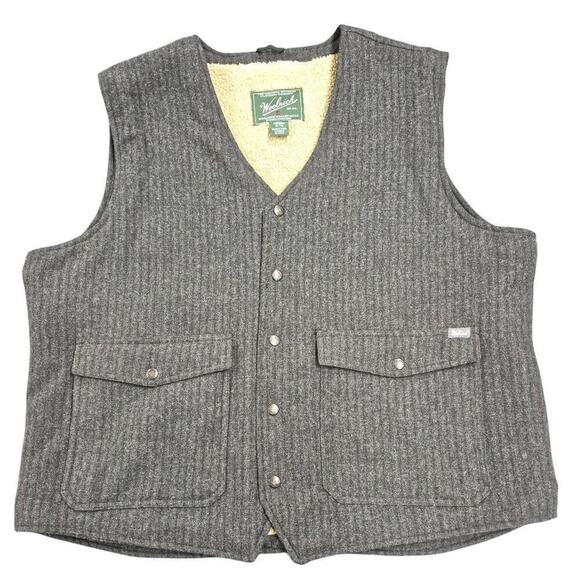 Woolrich Other - VTG Woolrich Winter Wool Vest Sherpa Lined Black w/ Charcoal Stripe Snaps MenXL